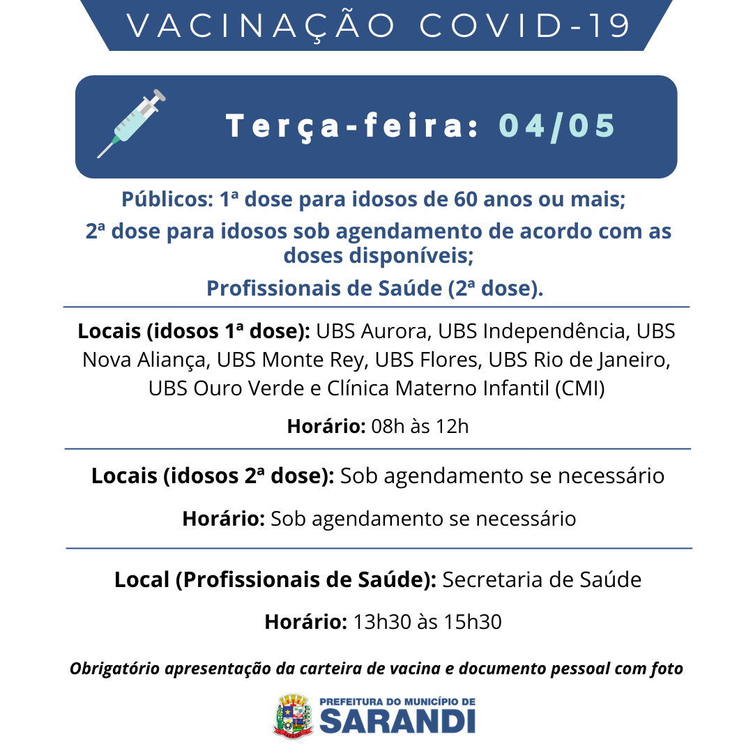Cronograma de Vacinação contra Covid-19 - Terça-feira - 04/05/2021